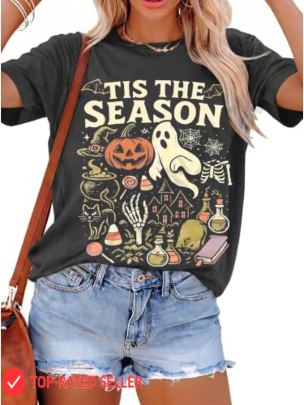 Women's Halloween Tis The Season Ghost Pumpkin T-Shirt Fall Short Sleeve Tee
